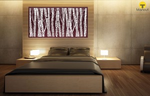 Brown and White Snakewood Pattern Panel on a Wall Above Bed in Grey/Light Brown Bedroom